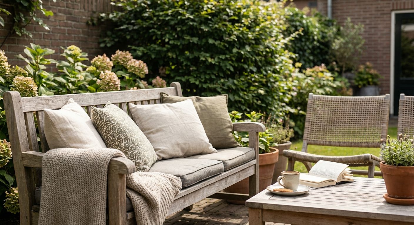 Gezellige tuin met houten bank en koffietafel