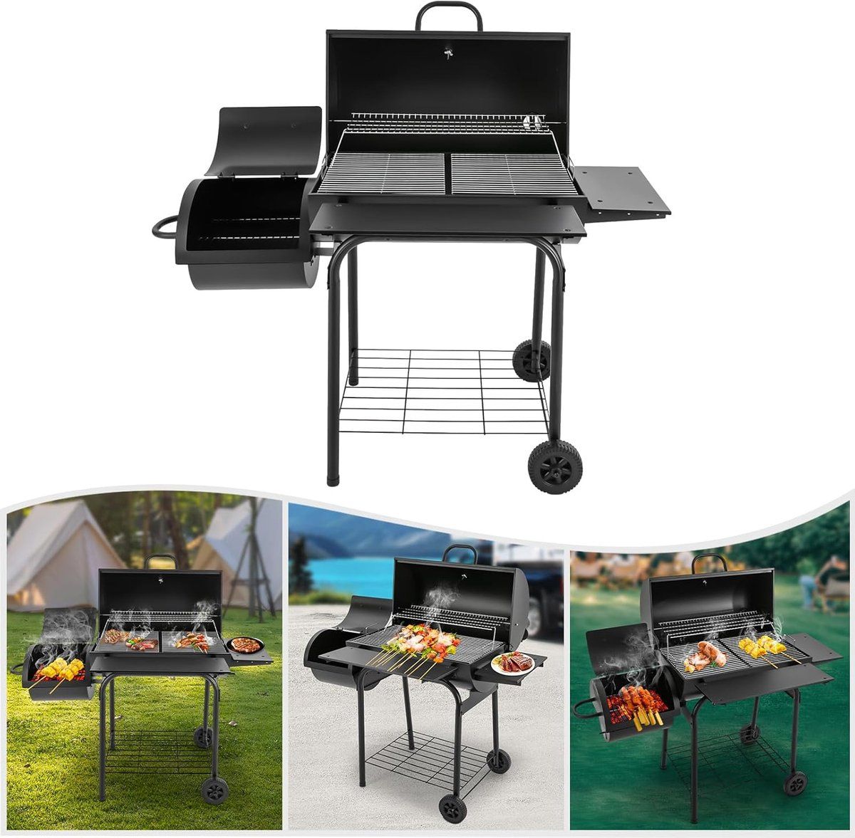 houtskool barbecue grillwagen xxl met deksel en schouw