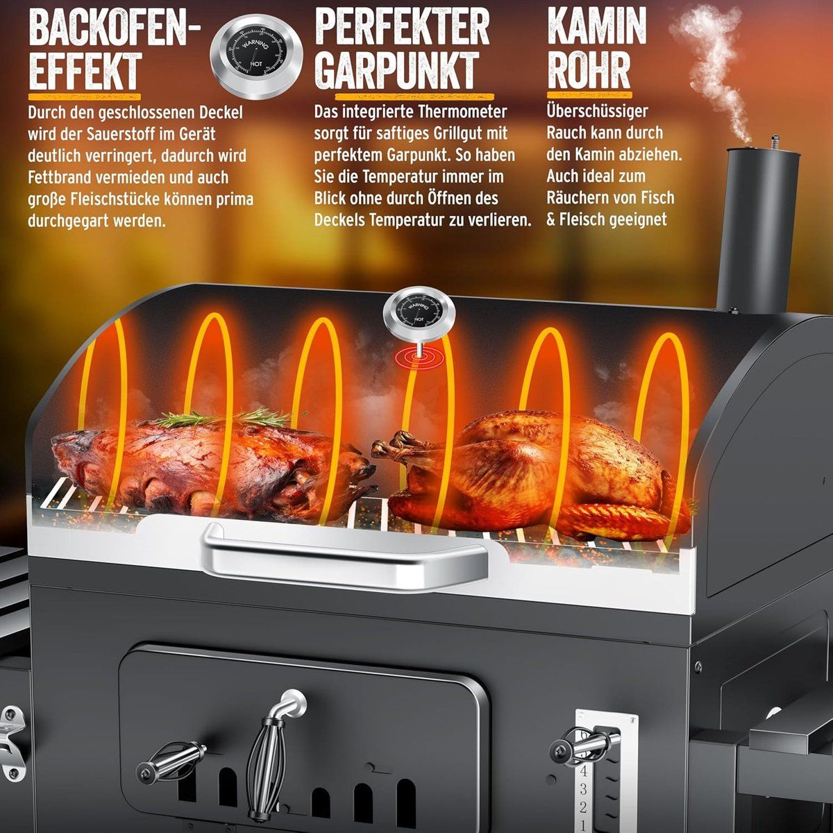 houtskool barbecue grillwagen xxl met deksel en thermometer