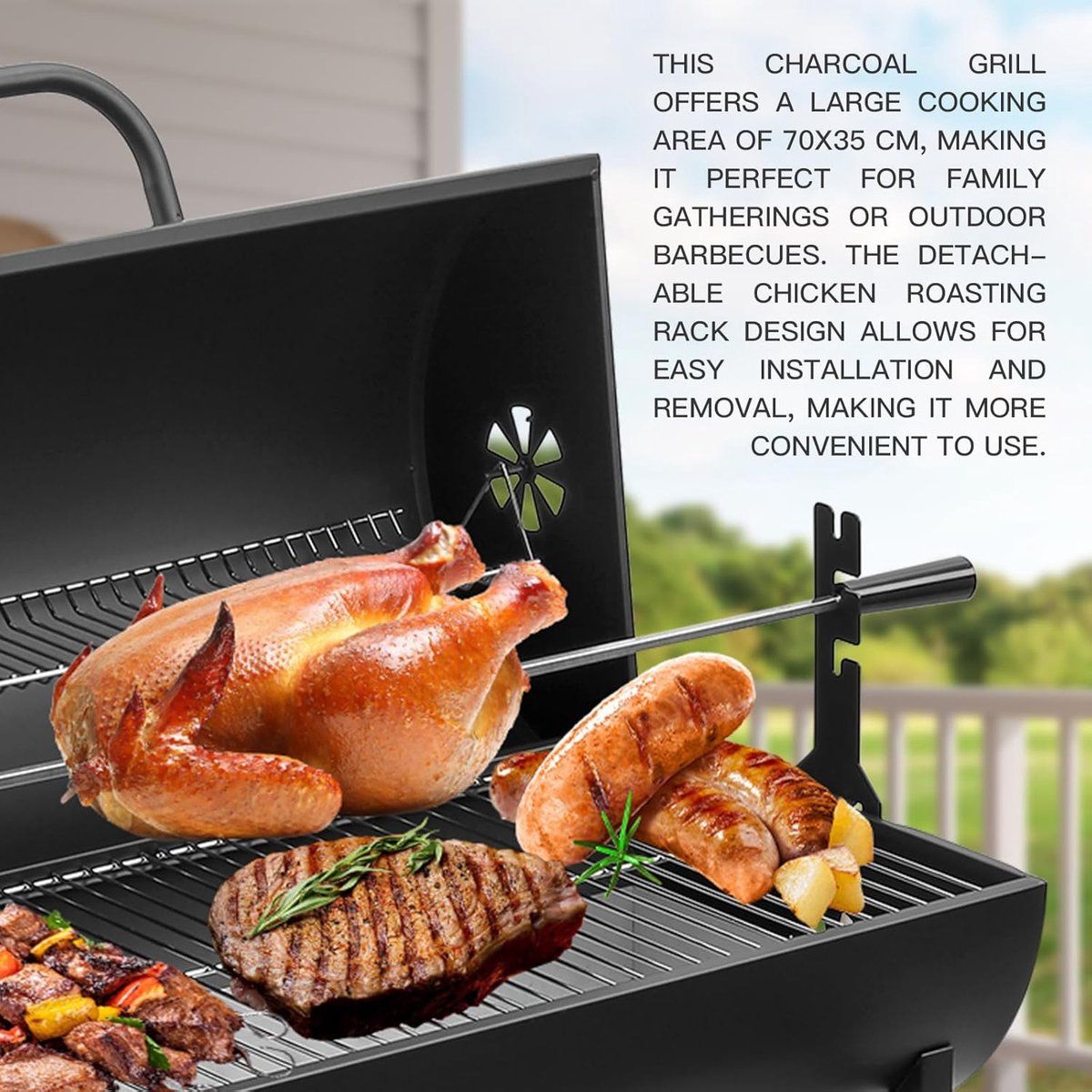 houtskool bbq xxl met deksel & thermometer verrijdbare barbecue