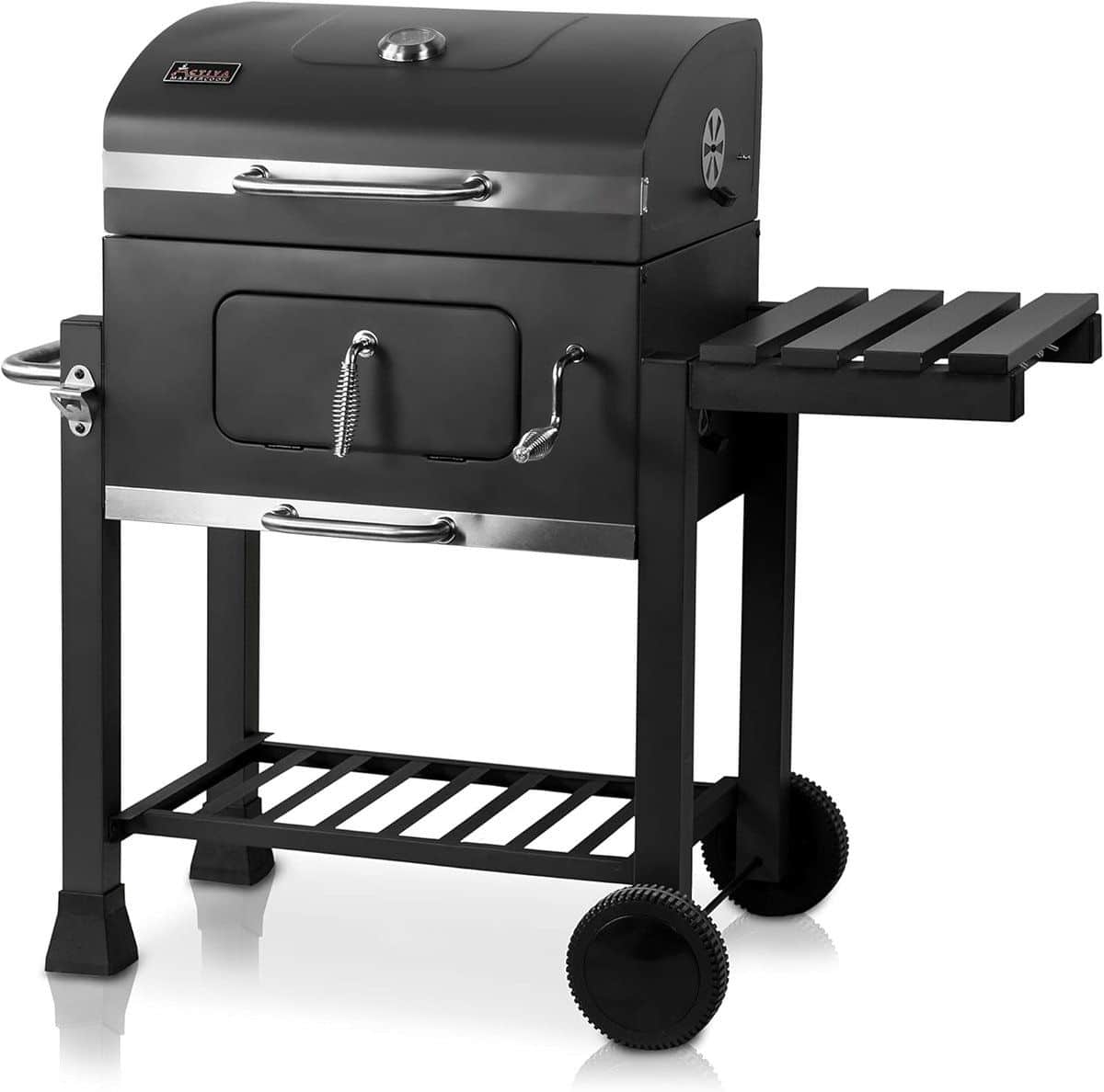 houtskoolbarbecue met gietijzeren rooster en thermometer grillwagen voor perfecte