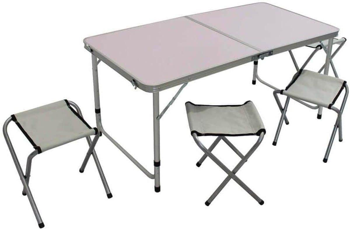 set klaptafel en 4 krukken van aluminium en grijze stof