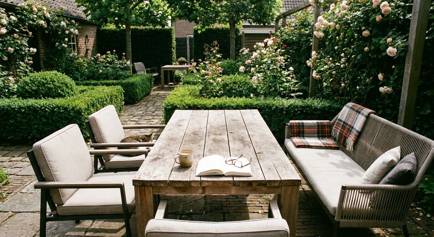 Gezellige tuin met houten tafel en rozen