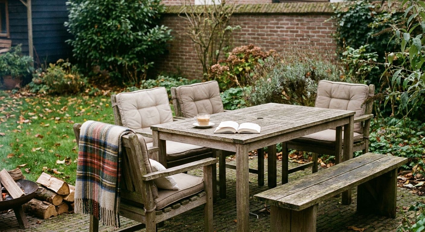 Houten tuintafel met stoelen, boek en koffie