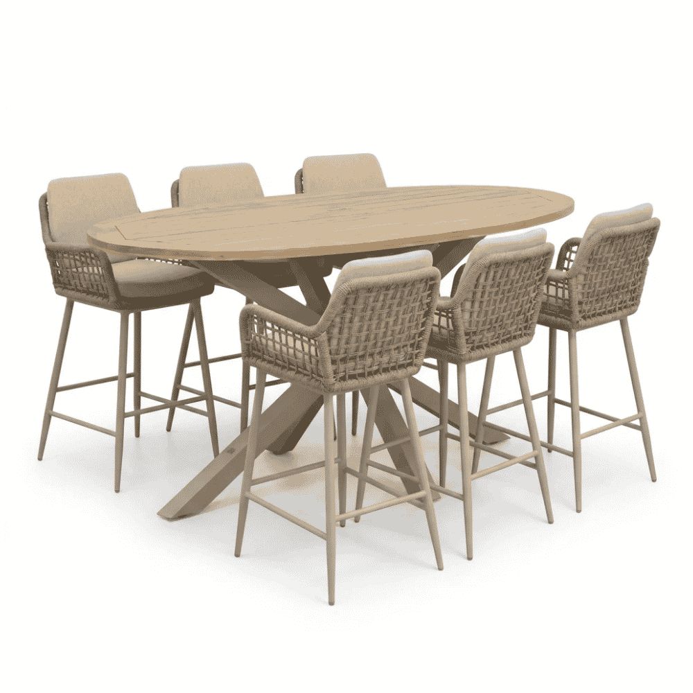 cleve beige/valencia sandstone dining barset | 6 personen | teakhout + touw | 240cm