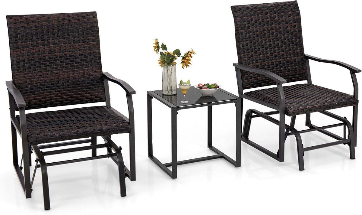 costway 3 delige balkonmeubelset, rotan balkonset met 2 stoelen en tafel