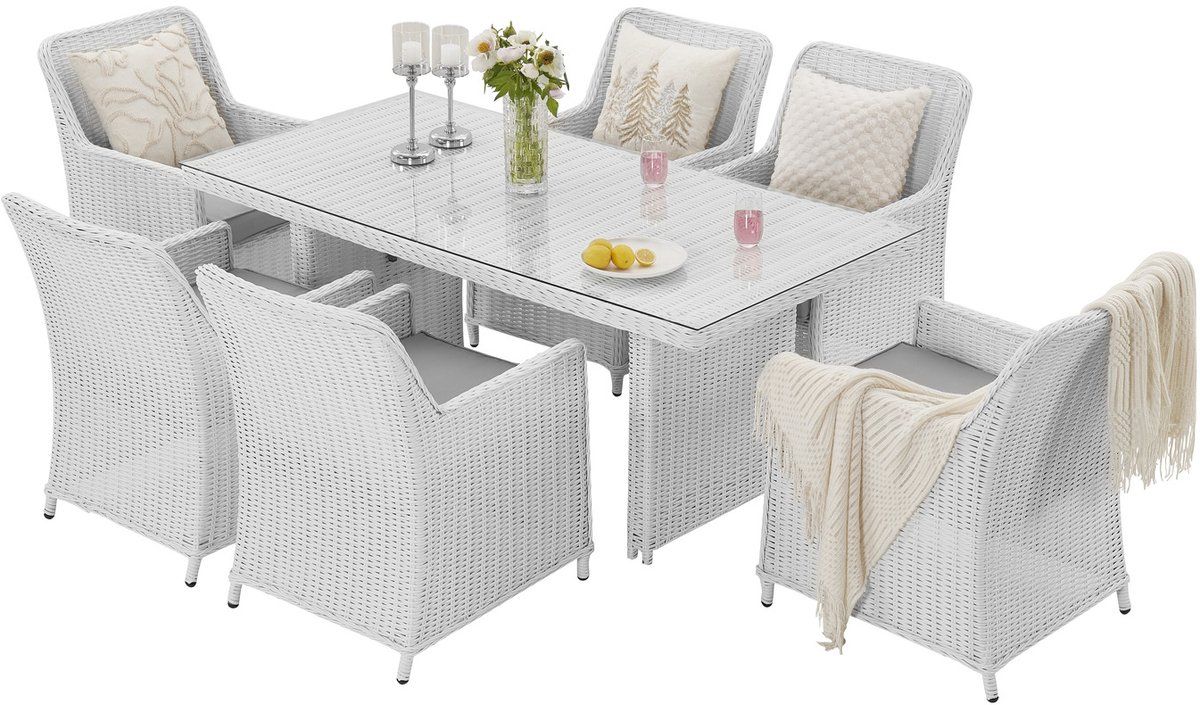 diningset 7 delig wit wicker & grijze kussens | 6 stoelen