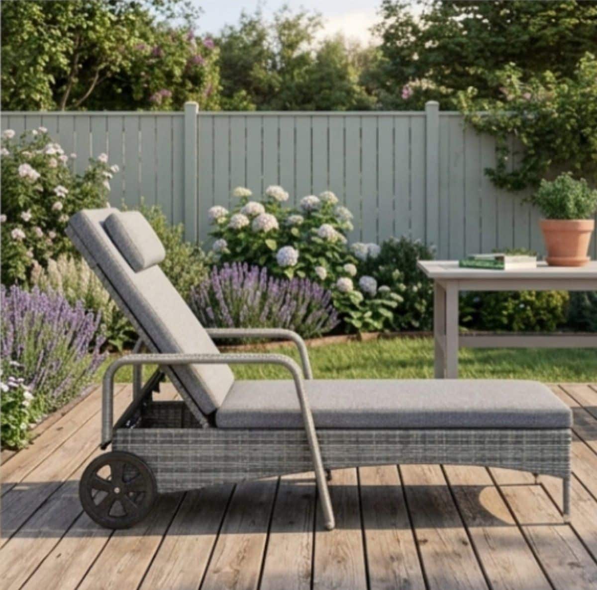ligstoel 200x70x33 cm poly rotan met wielen en kussens