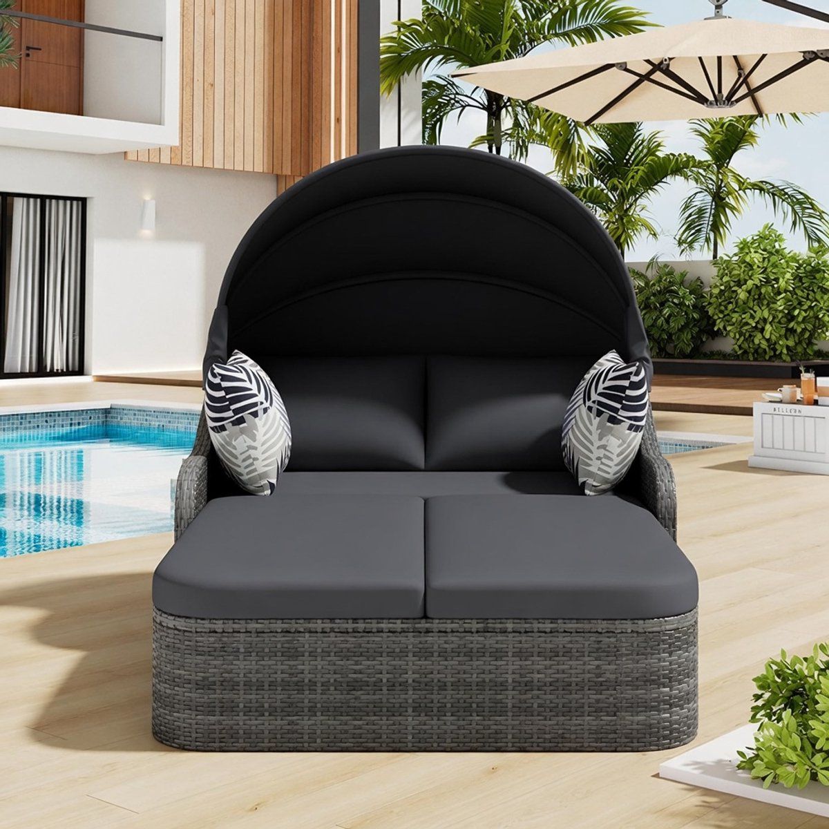luxe 2 persoons zonne eiland ligbed met verstelbaar dak outdoor rotan