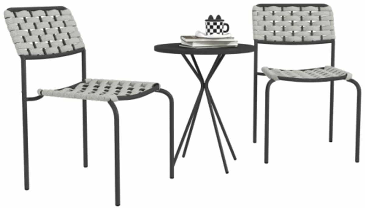polyrattan tuinset 3 delig grijs 2 stapelbare stoelen tafel stalen frame