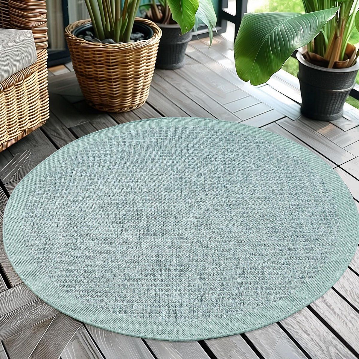 rond buitenkleed blauw platte weving weerbestendig en wasbaar tuinkleed