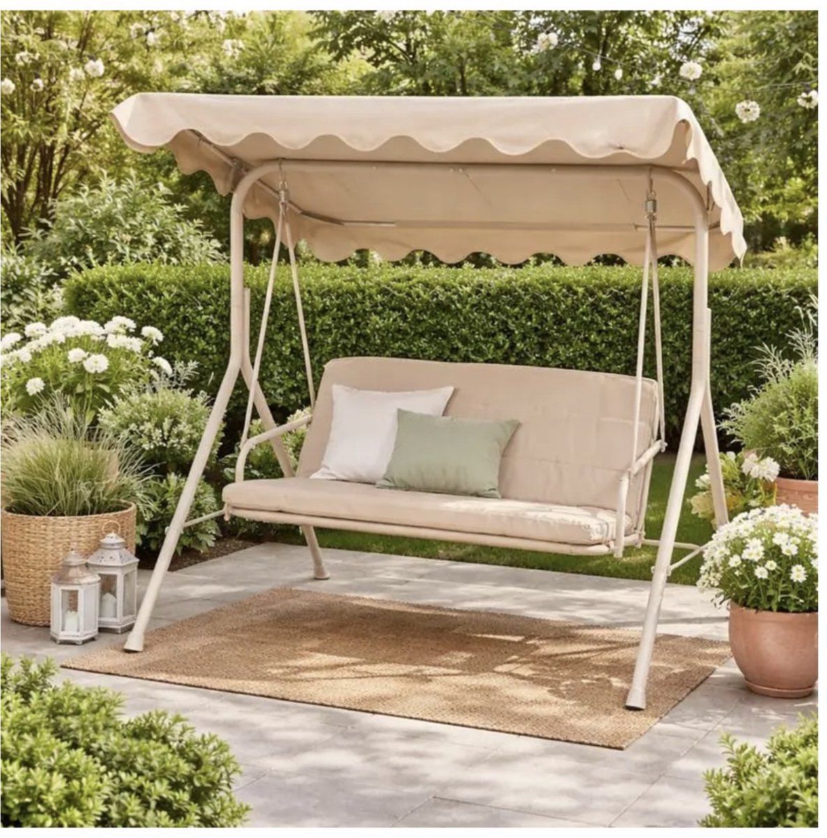 schommelbank met zonnescherm in crème comfortabele 3 zits tuinbank met