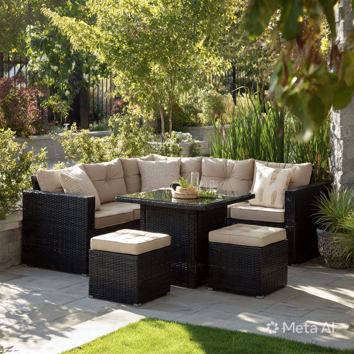 tuinmeubelset 7 personen polyrotan loungeset met hoekbank, eettafel en 2