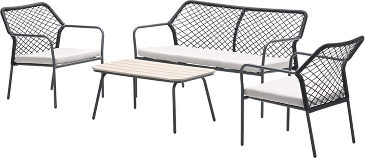 turin loungeset 4 delig rope zwart desert sand light teak vironwood