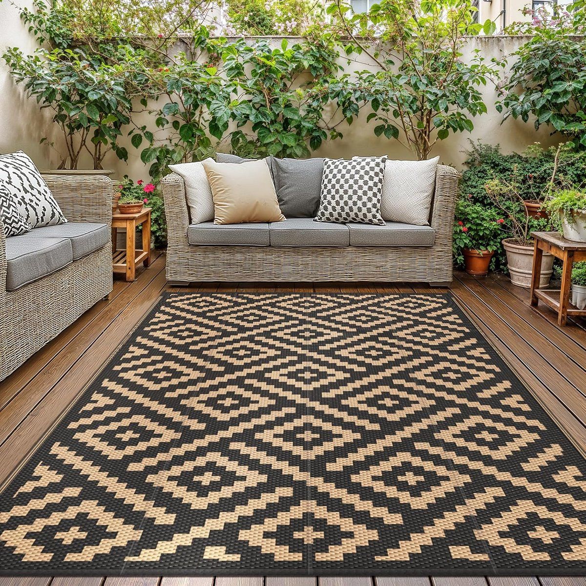 waterdicht omkeerbaar buitenkleed 275x365cm ruit zwart bruin voor tuin