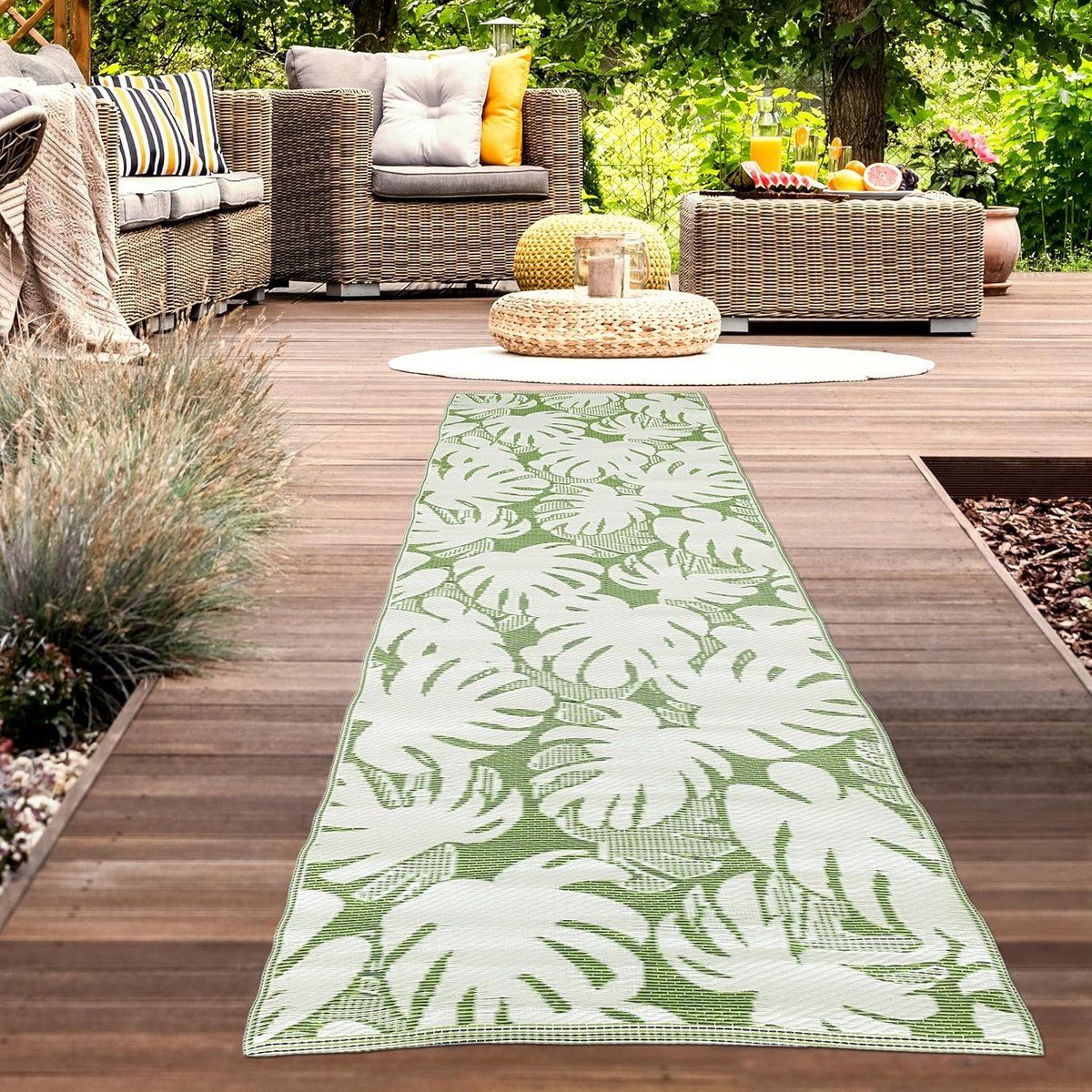 weerbestendig buitenkleed groen wit omkeerbaar kunststof tapijt voor tuin